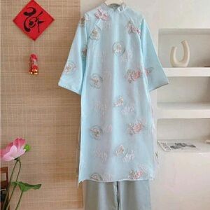 ao dai girl, Vietnamese modern long dress set 3 6 9 16 green Tết new year 🎁 nice